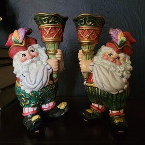 Vintage Fitz and Floyd Christmas Court Santa Elf Torch Candle Holder Pair